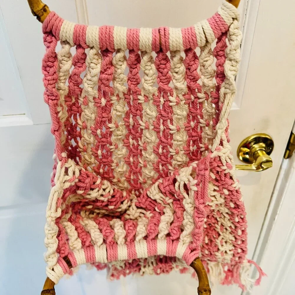 Vintage 70s Macrame Market Bag, Crochet Hobo Handbag, Handwoven Purse w Bamboo